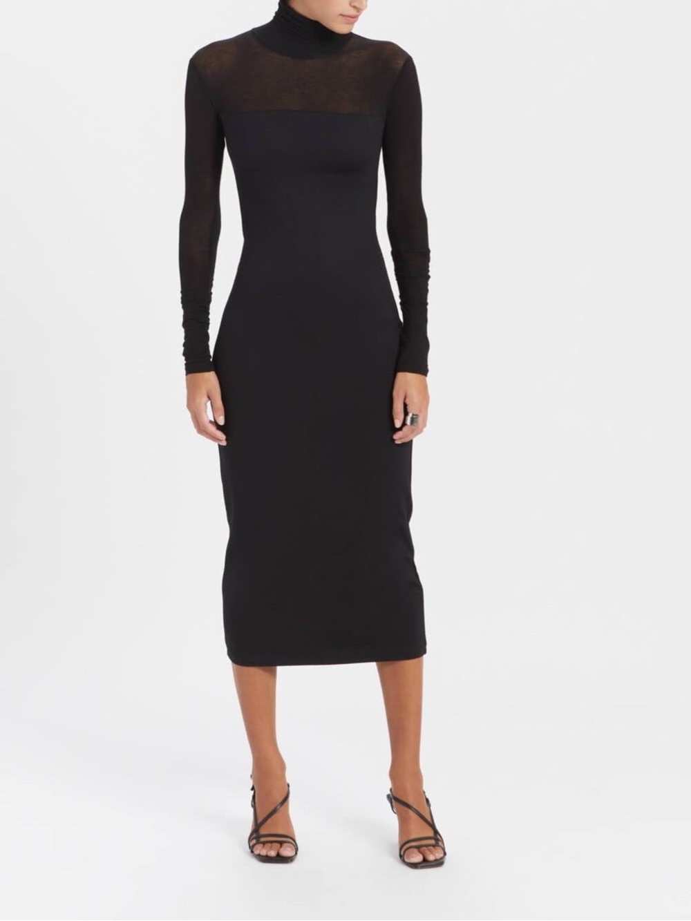 Marcella Marina Black Ponte Sheer Sleeve Turtleneck Midi Dress S
